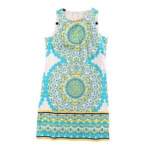 London‎ Times Sleeveless Shift Dress Blue Green Geometric Print Preppy Size 2